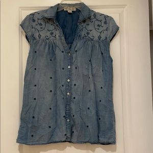 Denim button down cap sleeve shirt